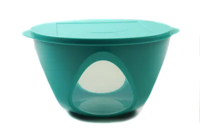 A turquoise Tupperware Mediterrano bowl with a clear window and lid, isolated on a white background.