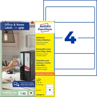 Produktbild von Avery Zweckform L4761REV-10, Ordner-Etiketten, ablösbar, Home Office, Kleinpackung, A4, Qualitätsdruck mit: ultragrip, 61 x 192 mm, 40 Etiketten / 10 Bögen, weiß