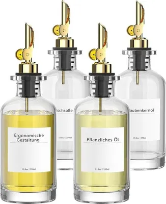 Produktbild von 4er Ölabfüllerset Gold für Essig und Öl, aus Edelstahl und Silikon, mit automatischem Öffnen und Schließen, inkl. 72 Etiketten