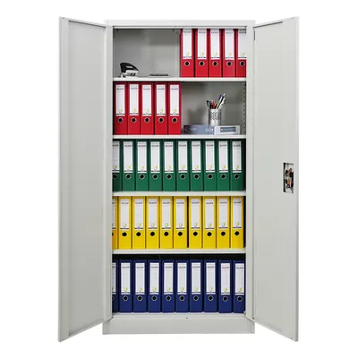 An open metal cabinet filled with colorful binders.
