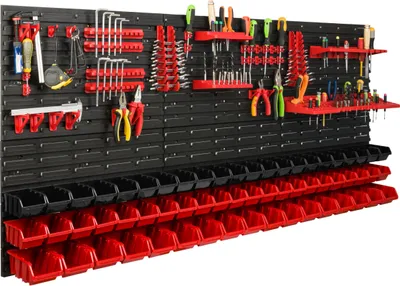 Produktbild von Lagersystem Werkstattregal | 172 x 78 cm | 61 stck. Box | Wandregal mit Werkzeughalterungen und Stapelboxen - Wandplatten Extra Starke Schüttenregal Warkzeuglochwand Lagerregal Garage Regal