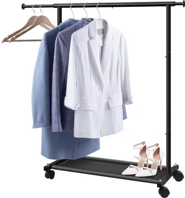 Obrázek produktu pro Uniqoos® nastavitelný věšák na oblečení, robustní kovová konstrukce, výška 102 cm, šířka 77,47–121,92 cm, s kolečky a policí – kompaktní řešení pro dětské pokoje a malé prostory