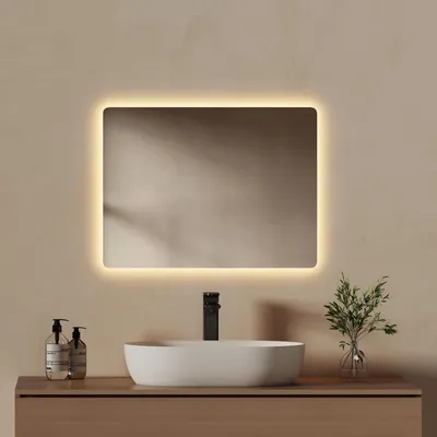 Zdjęcie produktu dla EMKE Lustro łazienkowe z oświetleniem Lustro ścienne LED z powłoką przeciwmgielną, 2 kolory światła, włącznik przyciskowy, energooszczędne 45x60cm
