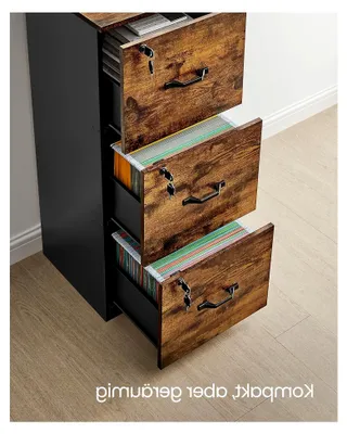 Produktbild von Aktenschrank für das Homeoffice, Druckerständer mit 3 abschließbaren Schubladen und verstellbaren Hängestangen, geeignet für A4- und Letter-Formate, vintagebraun-schwarz