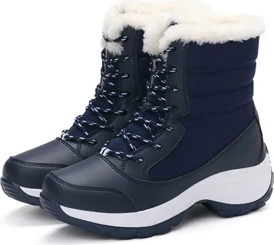 A pair of navy blue winter boots with white fur trim and white soles.