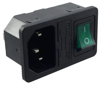 Produktbild von Kaltgeräte Einbaubuchse IEC C14 mit grüne Schalter & Sicherung 10A 250V Snap-In