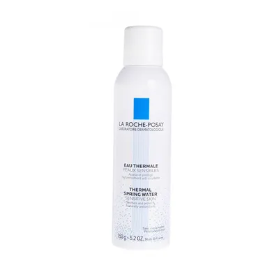 A white spray bottle of La Roche-Posay Thermal Spring Water for sensitive skin, isolated on a white background.