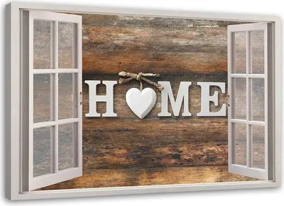 Produktbild von Leinwandbild blick aus dem fenster home-schriftzug auf holz 90x60 cm Feeby braun wandbild bereit zum aufhängen