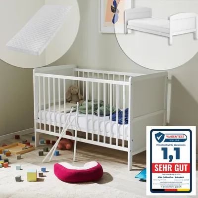 Produktbild von Babybett umbaubar zu Kinderbett 60x120 mit Matratze, Lattenrost und Raufallschutz Vollholz 120 x 60 | weiss sehr stabil  Europe