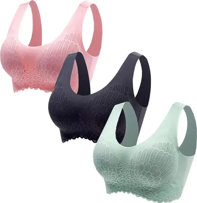 Produktbild von ASKSA Damen 3PC BH Ohne Buegel Push up Sport bhs Gepolstert Spitzen Bustier Nahtlos Stretch Bra Comfit Yoga bh, 01 Schwarz+gruen+rosa, Groesse: XXL