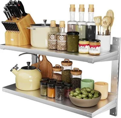 Produktbild von Unyqoos® Edelstahl-Küchenwandregal (wandmontiert) – rostfreier Edelstahl 201, 25 kg Tragkraft pro Ebene, platzsparend für Zuhause & Gastronomie