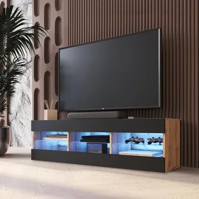 Obrázek produktu pro Komodee TV skříňka Tivoli, černá/votan, šířka 140 cm x výška 40,5 cm x hloubka 35,5 cm, LED modrá, do obývacího pokoje, ložnice