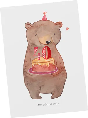 Produktbild von Mr. & Mrs. Panda Postkarte Bär Torte 90. Geburtstag - Weiß - Geschenk, bildkarte, Feiern, Fotokarte, Ansichtskarte, Ansichtskarten, Postkarten, Kuchen, Party