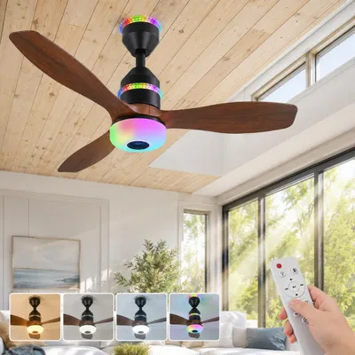 Obrázek produktu pro 60 cm LED stropní ventilátor s osvětlením E27, RGB, hudební režim, ovládání přes aplikaci, bezkartáčový motor 48 W, tichý chod, 3 rychlosti, 3 CCT, st
