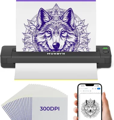 Productafbeelding van MUNBYN Tattoo Printer Bluetooth, Stencildrukker voor tatoeages, huidprinter voor tatoeages, thermische printer voor beginners, compatibel met Android, iOS, Mac, Windows, met 20 vellen transferpapier, ITP06, zwart