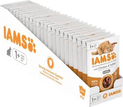 Imagen del producto de IAMS Delights, alimento húmedo para gatos con pollo y pavo, para gatos mayores de 1 año, 24 unidades de 85g