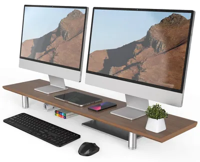 Obrázok produktu pre Stojan na monitor, 100 cm, dvojitý stojan na monitory s výškovo nastaviteľnou základňou, hnedý
