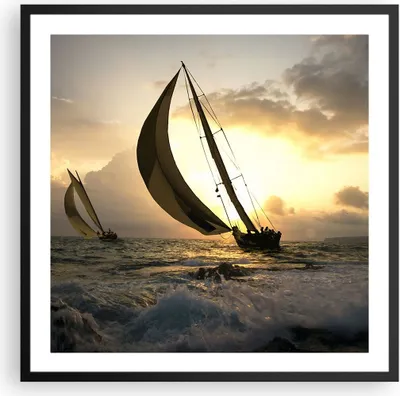 Produktbild von Gerahmtes Poster - Schwarzer Rahmen - Schiff Sonnenuntergang Sonne Landschaft - 60x60 cm - Wand Bild - Wanddeko - Wandbilder - Wandposter - Bilderrahmen - Bilder - Kunstdruck - P2BAC60x60-3158