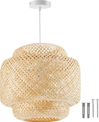 A pendant light fixture made of woven bamboo, suspended from a white ceiling mount. Includes mounting hardware.
