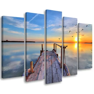 Produktbild von 5-teiliges leinwandbild sonnenuntergang brücke 100x70 cm Feeby blau wandbild bereit zum aufhängen