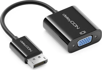 Produktbild von deleyCON DisplayPort auf VGA Adapter Konverter - (für Monitor/Beamer) DisplayPort Stecker auf VGA Buchse - für DP Computer/PC auf Monitor/Beamer - Schwarz