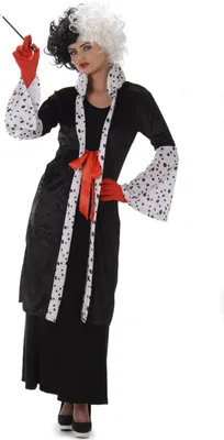A woman wearing a Cruella de Vil costume, holding a cigarette holder.