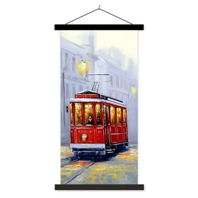 Produktbild von MuchoWow® Textilposter Gemälde - Straßenbahn - Stadt - Öl 60x120 cm mit schwarzem Rahmen - Magnete