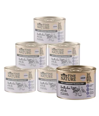 Produktbild von Dehner Fine Nature Katzenfutter, Nassfutter getreidefrei, für ältere Katzen, Truthahn / Ente, 6 x 200 g Dose (1.2 kg)