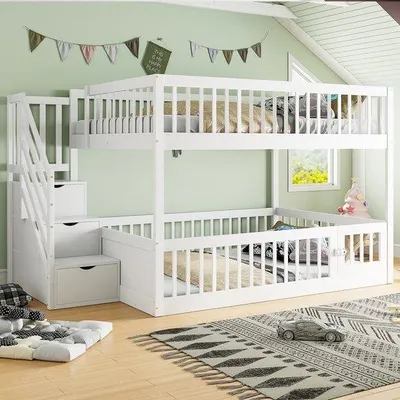 Immagine prodotto di Letto singolo 140x200 cm con scaletta di sicurezza e rete a doghe, letto in legno bianco con contenitore per bambini e ragazzi