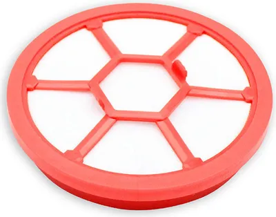 A red circular filter with a hexagonal pattern in the center and white filter material behind it, set against a white background.