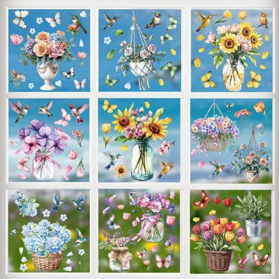 Productafbeelding van Lentevoorwerpen voor ramen, decoratie, 9 vellen, zelfklevend, bloemen en vlinders, PVC, 20x30 cm