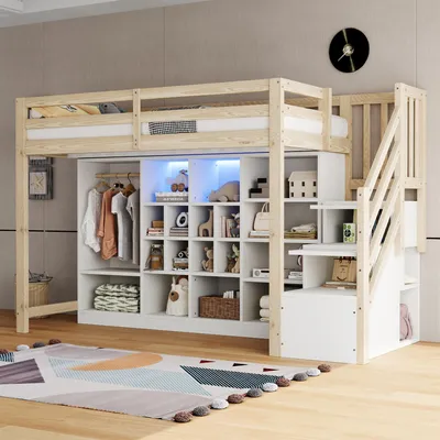 Image de Lit mezzanine 90 x 200 cm, avec des armoires de rangement comportant plusieurs compartiments et une armoire simple, avec éclairage LED, sommier et intégré
