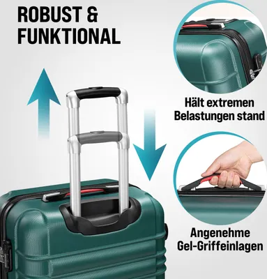 Produktbild von MONZANA® 4tlg Kofferset Schloss Wäsche Organizer Kofferwaage Gurt Gel-Griffe Zwillingsrollen Standfüße Trolley Reisekoffer Hartschalen Koffer S-M-L-XL, Farbe:grün