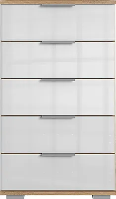 Produktbild von Schlafzimmer Schubkastenkommode in Plankeneiche Nb. mit weißem Glas ELSTRA-43, B/H/T ca. 49/102/41 cm