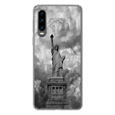 Produktbild von MuchoWow® Handyhülle Schutzhülle Hülle für Huawei P30 Freiheitsstatue in New York an einem bewölkten Tag in schwarz-weiß Silikon Softcase Handy Hülle - Kartenbesitzer