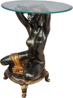 Produktbild von Casa Padrino Jugendstil Beistelltisch kniende Frau Schwarz / Gold Ø 45 x H. 63,5 cm - Eleganter Tisch mit runder Glasplatte - Wohnzimmer Möbel