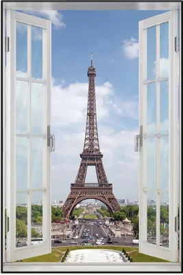 Produktbild von Wallario Wandbild mit Fenster-Illusion: Eiffelturm in Paris, Größe: 61 x 91,5 cm, Poster mit schwarzem Aluminiumrahmen