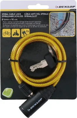 Image de Antivol à spirale Dunlop pour vélo avec clé, 0,6 x 90 cm, jaune