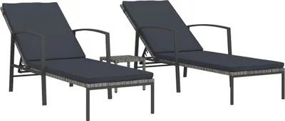 Two grey lounge chairs and a small table are shown against a white background.