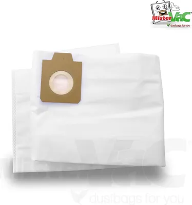 Two white vacuum cleaner bags are stacked on a white background, with a logo in the top right corner.