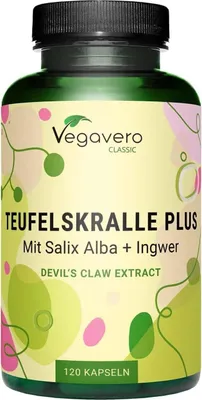 Produktbild von Vegavero Teufelskralle Plus | 120 Kapseln | mit Extrakten aus Weidenrinde & Ingwer | vegan