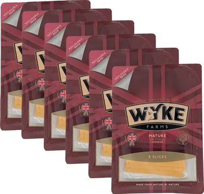 Produktbild von Food-United gereifter YELLOW-CHEDDAR Cheese 6x160g in Scheiben von WYKE-FARMS mature english cheddar cheese grated 6 Monate gereift englischer Hartkäse passt zu Gratins Pasta Pizza Nachos Gemüse Aufläufe Dips Saucen
