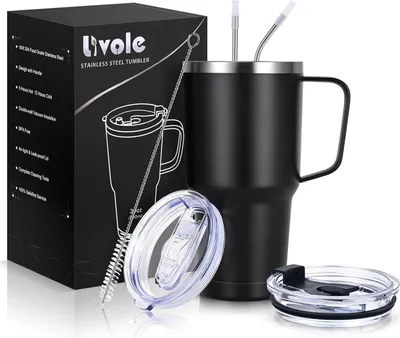 Image de Livole 30oz 900ml Mug isotherme à double paroi Noir avec paille et anse