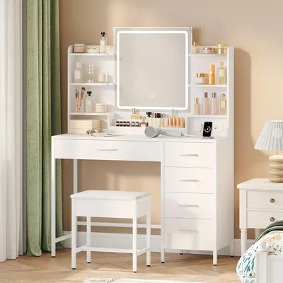 Immagine prodotto di Tavolino da trucco con sgabello imbottito, specchio a LED, presa di corrente e cinque cassetti