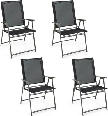 Four black folding garden chairs are arranged in a grid on a white background.