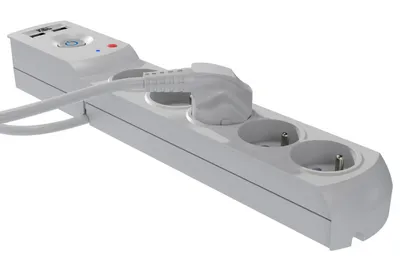 Imagen del producto de Regleta de alimentación con protección contra sobretensiones, 5 enchufes + 2 puertos USB, 5 metros de longitud, color gris, 10A, 2300W, modelo W-100042
