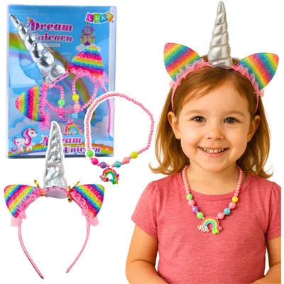Produktbild von Einhorn-Set bestehend aus Haarreif, Ohren, Horn, Halskette und bunten Accessoires
