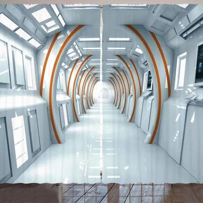 Produktbild von ARANDE Fantasie Gardine, Futuristische Halle der Raumschiff-Digital-Architektur Sciencefiction-Art-Innere Ansicht, 280 x 260 cm, Babyblau Orange
