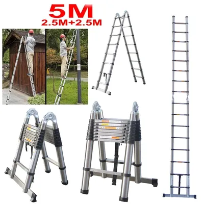 Produktbild von Leiter 5 m - Klappbare Kombileiter 2,5+2,5 m - Edelstahl - EN131  - 330 kg Traglast - Rutschfest - Leicht und tragbar - Silber