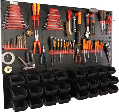 Produktbild von botle® Werkzeugwand Lochwand aus Metall, Stapelboxen + Wandregal + Werkzeughalter 51-tlg Set, Kleinteilelager, Wandwerkstatt mit 24 stapelbaren Schwarz Klein und Groß Behältern, Hängeregal Sortierregal